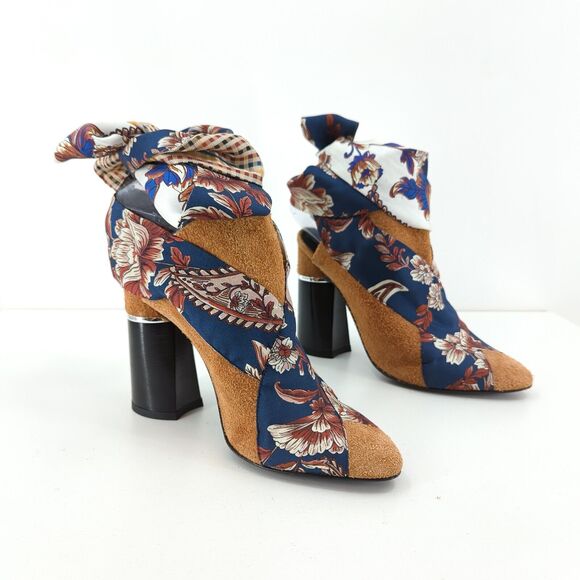 3.1 Phillip Lim Women EU 35 Drum Mules Brown Suede Scarf Tie Floral Heeled FLAW